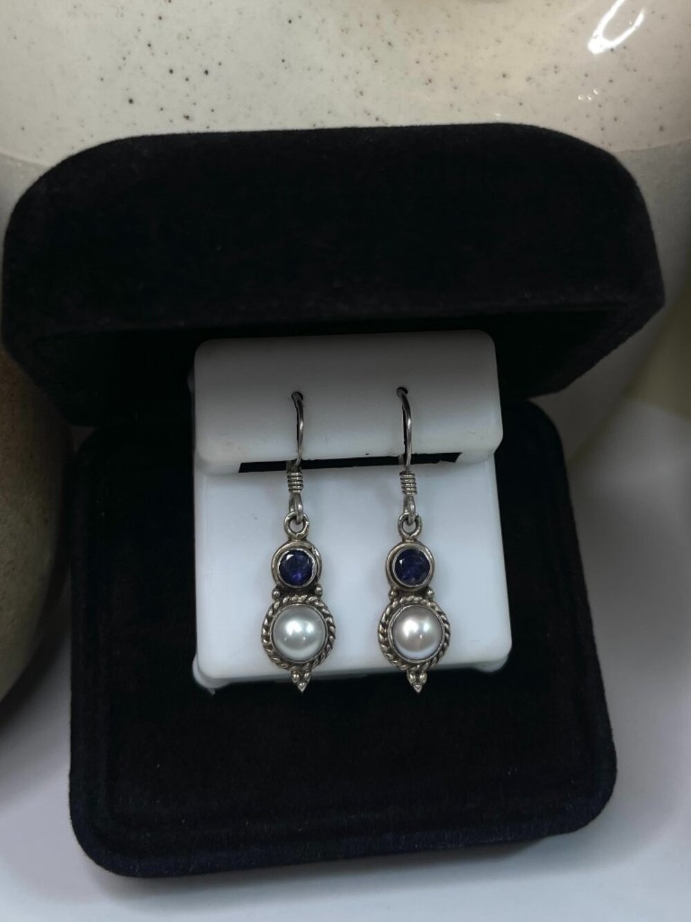 Vintage Taxco Mexico Sterling Silver Amethyst Pearl Dangle Earrings Marked TJ